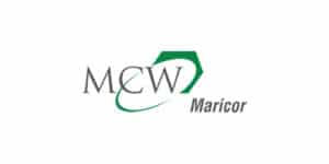 Logo with the text "MCW" in gray and "Maricor" in gray, accompanied by green geometric shapes, featured prominently at the entrance of UNB Fredericton's Kinesiology Building.