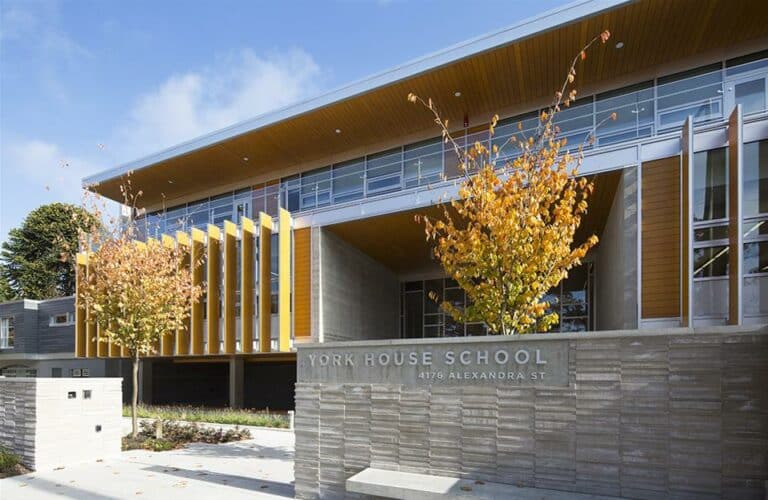 Modern building with trees in front and a York House School sign that reads "4176 Alexandra St.