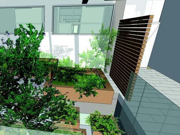 Computer-generated image of a modern building's courtyard at the University of Toronto, featuring green trees and plants, a wooden slatted fence, and large windows. The scene includes pathways and a mix of glass and concrete surfaces.