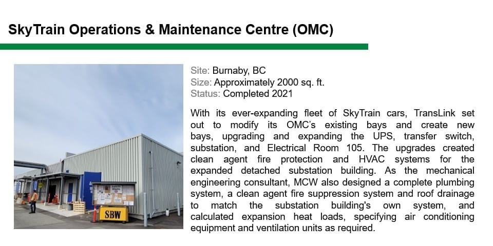 Exterior view of the SkyTrain Operations & Maintenance Centre in Burnaby, BC, showcasing recent upgrades and completion details provided to the right, a notable MCW Transportation feature.