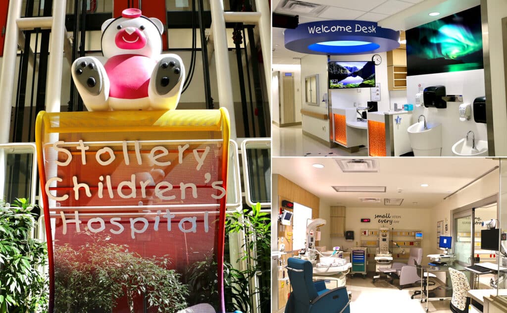 A composite image showing the exterior sign of Stollery Children's Hospital, the welcome desk area, and an interior view of a Pediatric Critical Care room.